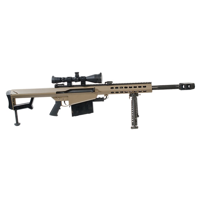 Barrett Model 82A1 50 BMG Rifle System FDE Cerakote Receiver 20" fluted barrel with Leupold Mark 4 M1 scope and Barrett Ultra High Rings UA1634. Used