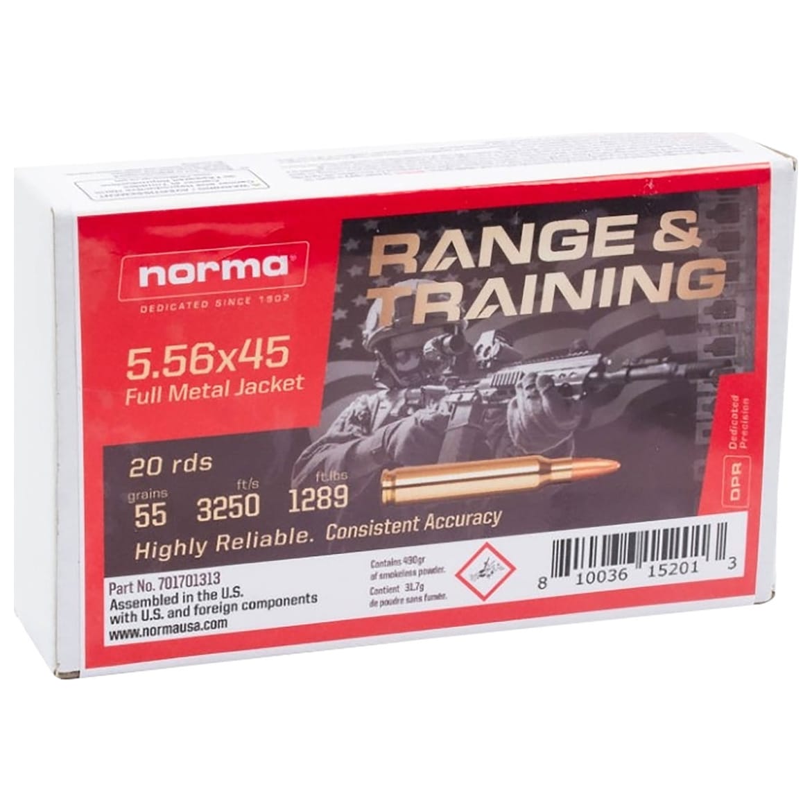 Norma R&amp;T 5.56x45 55gr FMJ Centerfire Rifle Ammo (20/box) 701701313