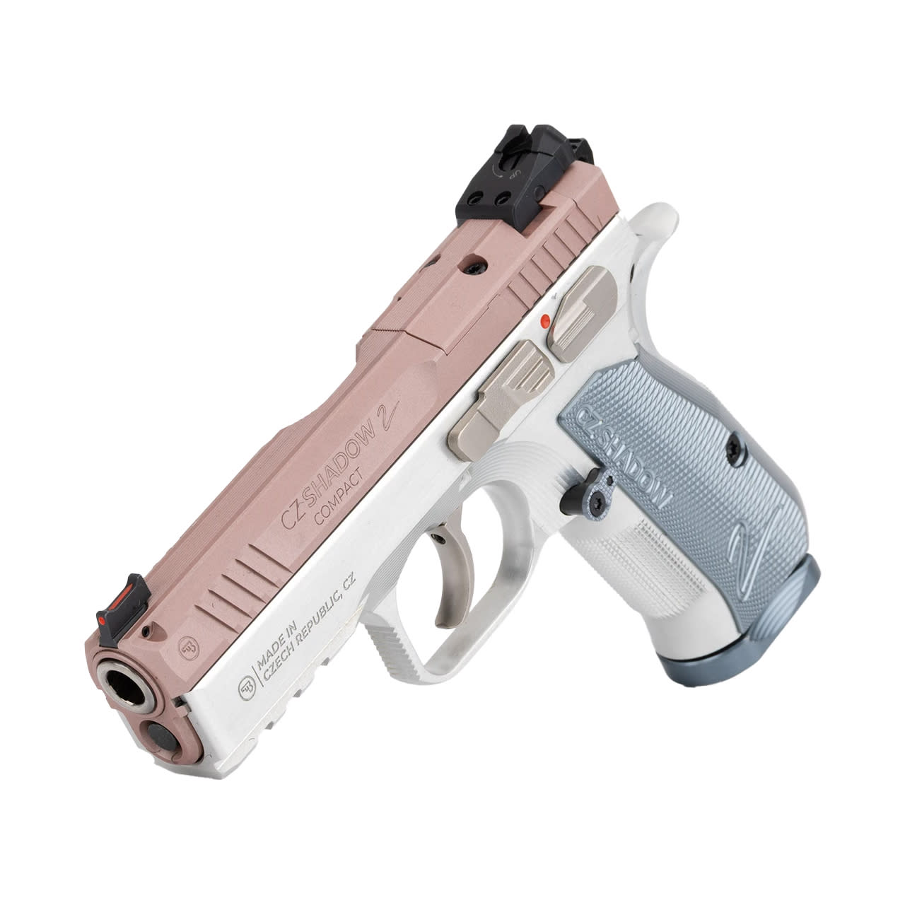 CZ Shadow 2 Rose 9mm 4" Bbl 15rd Optic Ready FO Front/Black Serrated Hajo Rear Manual Safety Silver Aluminum Grips Compact Pistol 86158