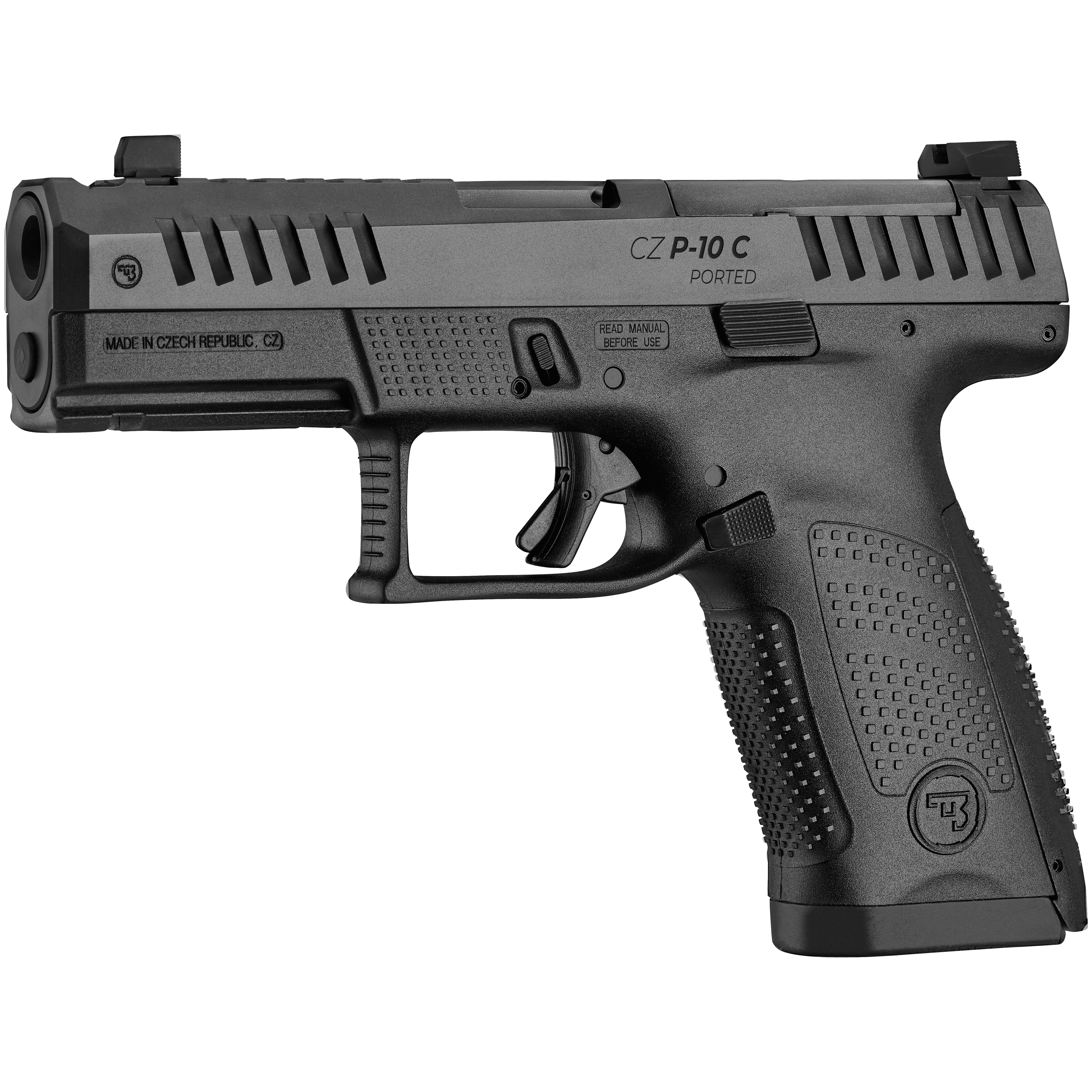CZ P-10 C Optics-Ready 9mm 15rd Ported Barrel/Slide Blk Handgun w/Polymer Frame , Nitride Slide, Fixed Sights, 3 Backstraps, Rev Mag Catch 91579