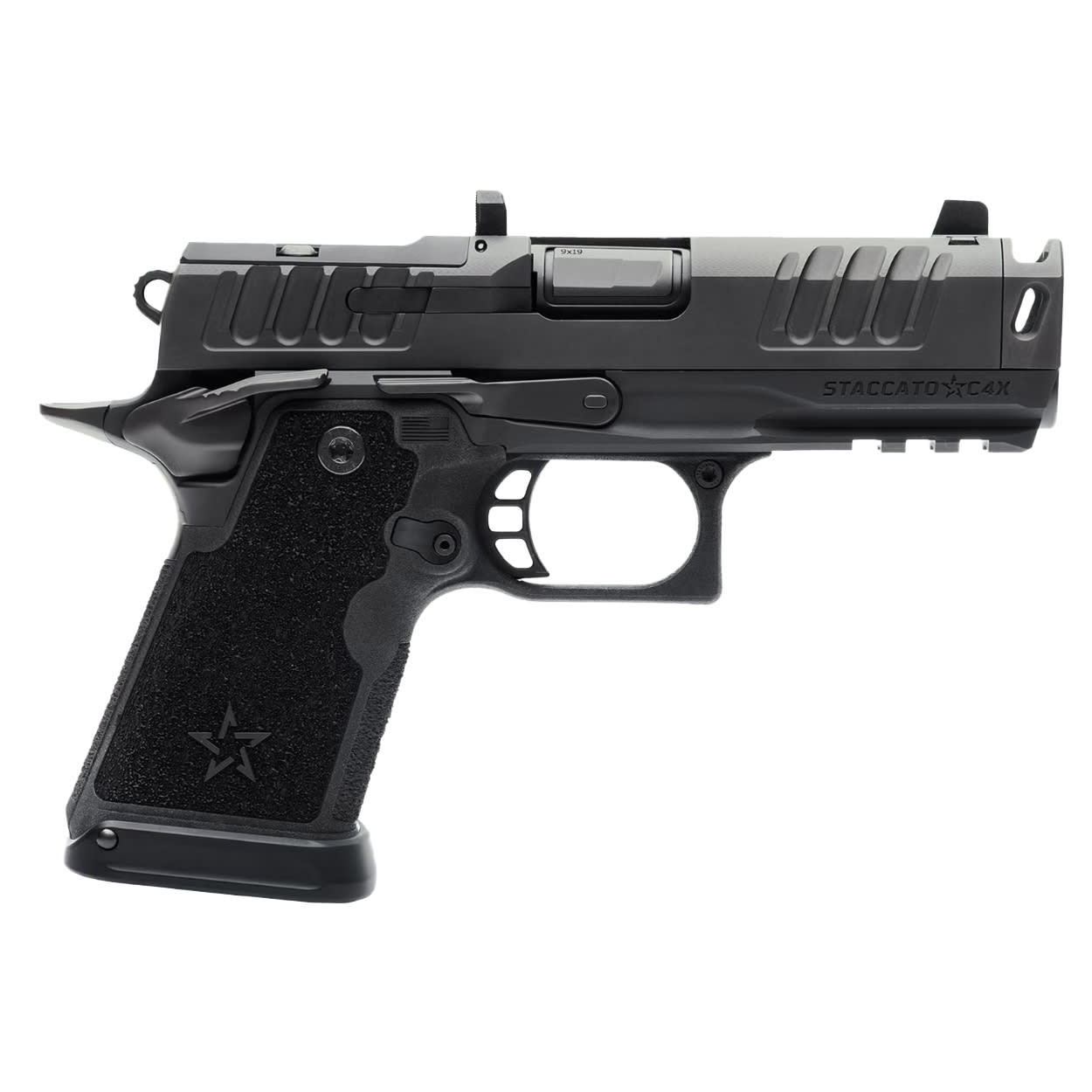 Staccato Preferred C4X 9x19mm 4" DLC Comp Bbl Trijicon Tritium Night Sight Magwell 15+1 Pistol w/(3) 15rd Steel Mags 20-2701-000107