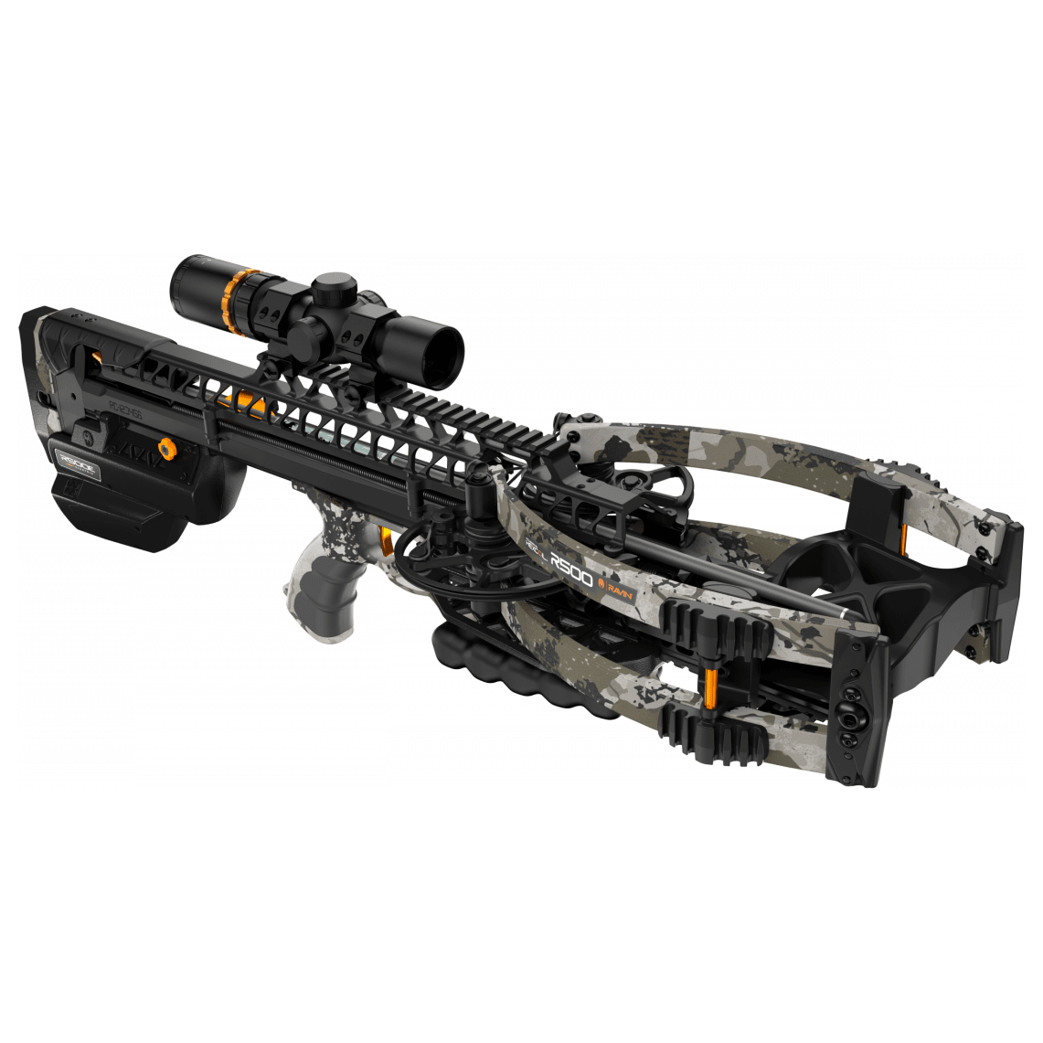 Ravin R500E XK7 Camo 500 FPS VersaDrive TTFS Internal Clutch R500 Draw Handle Electric Crossbow w/550 FPS Scope &amp; 3 R500 Arrows R056-1