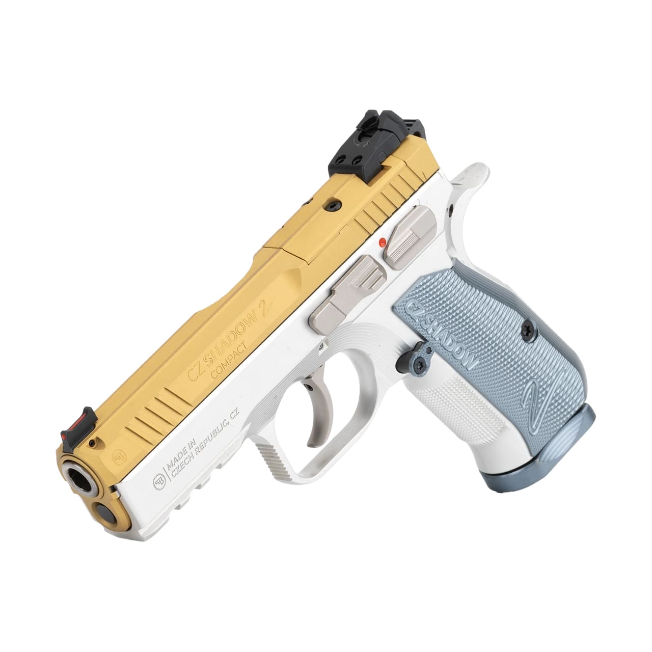 CZ Shadow 2 Gold 9mm 4" Bbl 15 Rd Optic Ready FO Front/Black Serrated Hajo Rear Manual Safety Silver Aluminum Grips Compact Pistol 86159