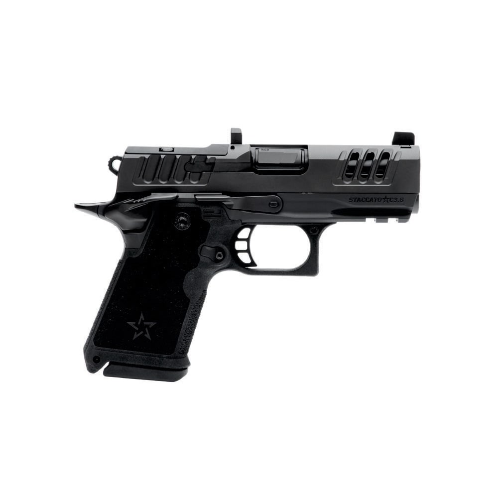 Staccato Premium HD C3.6 9mm DLC Barrel Black Trijicon Night Sight Pistol 4x 15rd 15rd Mags (MecGar) w/X-Series Serrations 20-2601-000107-01