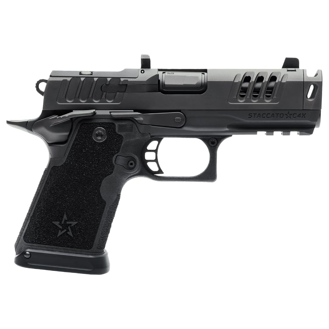 Staccato Premium C4X 9x19mm 4" DLC Comp Bbl Trijicon Tritium Night Sight X-Series Serrations Magwell 15+1 Pistol w/(4) 15 Steel Mags 20-2701-000107-01