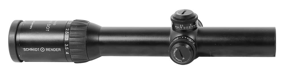 Schmidt Bender 1.1-4x20 Short Dot CQB 649-811-917-99-99A71 Used with ring marks. UA1686