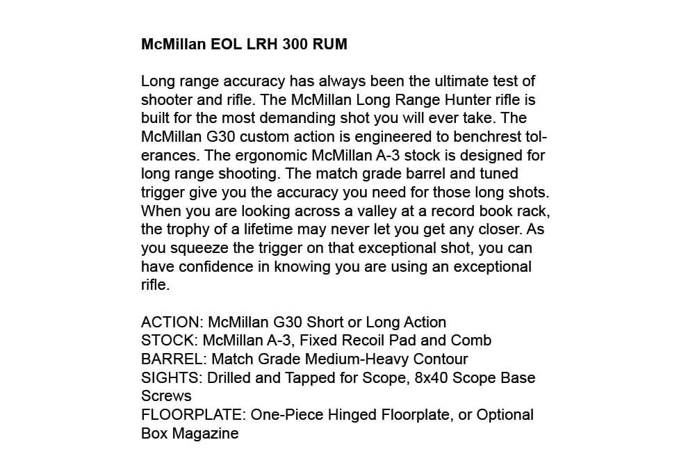 McMillian EOL .300 RUM w/ Nightforce NXS 5.5-22x56 Rifle