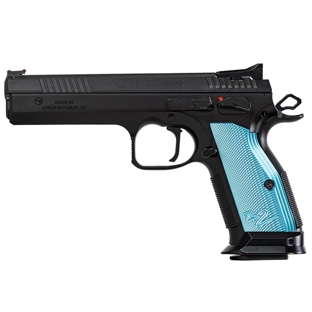 CZ-USA TS 2 9mm 20rd Blk Handgun w/Polycoat Steel, FO Front/Fixed Rear, Blue Alum Grips 91220