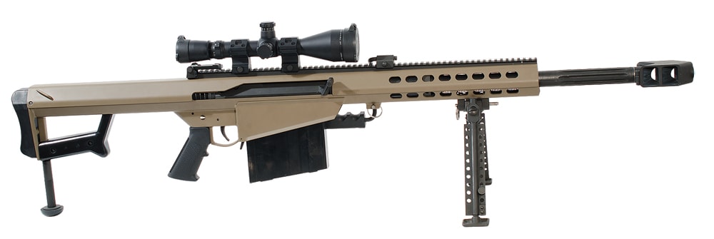 Barrett Model 82A1 50 BMG Rifle System FDE Cerakote Receiver 20" fluted barrel with Leupold Mark 4 M1 scope and Barrett Ultra High Rings UA1634. Used