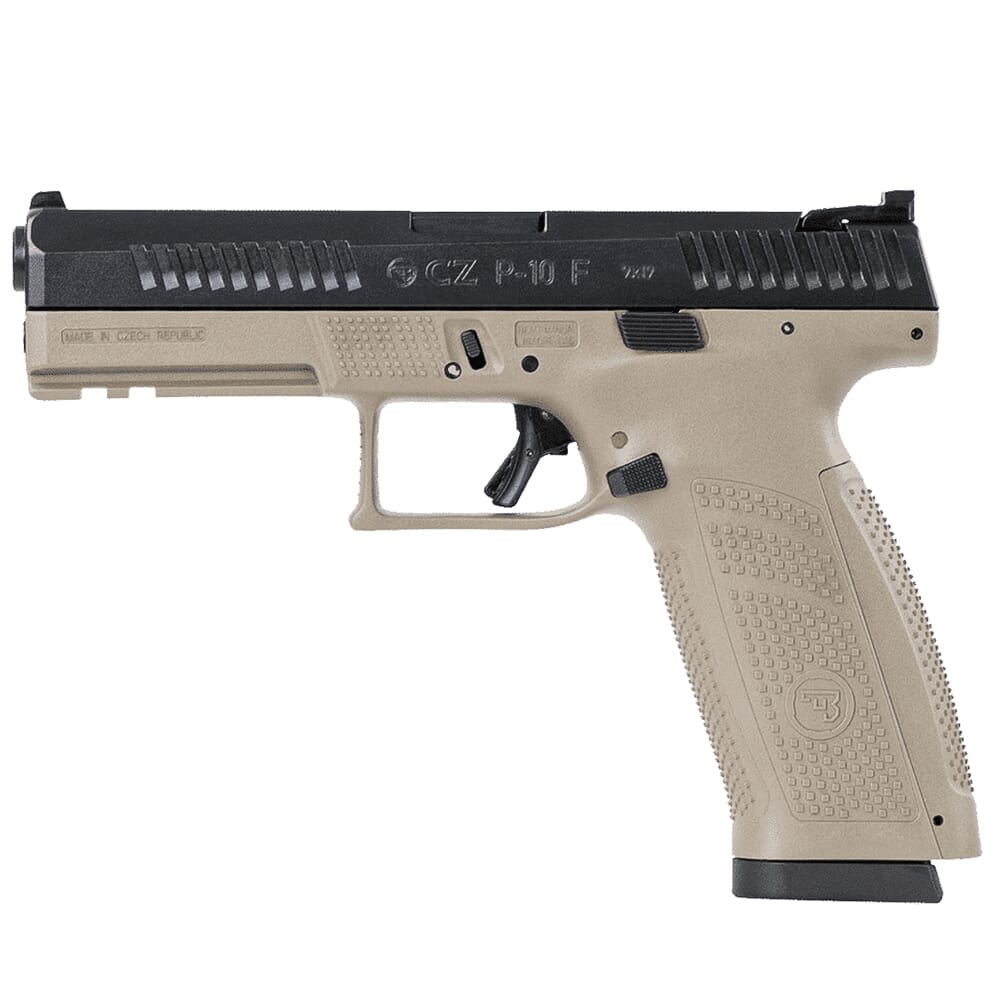 CZ-USA P-10 F 9mm 10rd FDE Handgun w/Polymer Frame, Nitride Slide, Fixed Sights, 3 Back Straps, Rev Mag Catch 81541