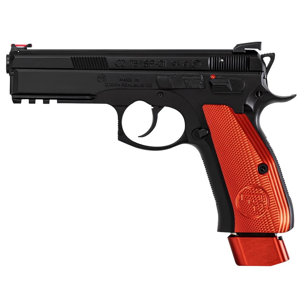 CZ-USA 75 SP-01 Comp 9mm 21rd Handgun w/Polycoat Steel, FO Front/Blk Serrated Rear, Comp Hammer, 11lb Rec Spring, Red Ext Base Pads/Alum Grips 91206