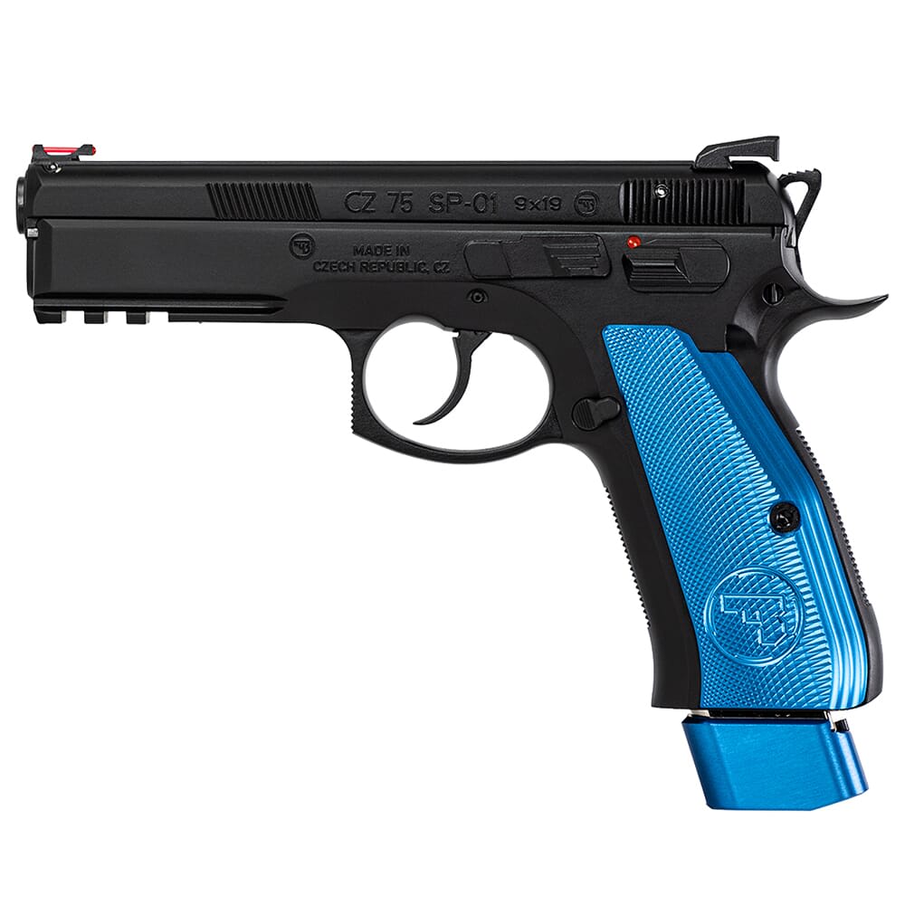CZ-USA 75 SP-01 Comp 9mm 21rd Handgun w/Polycoat Steel, FO Front/Blk Serrated Rear, Comp Hammer, 11lb Rec Spring, Blue Ext Base Pads/Alum Grips 91207