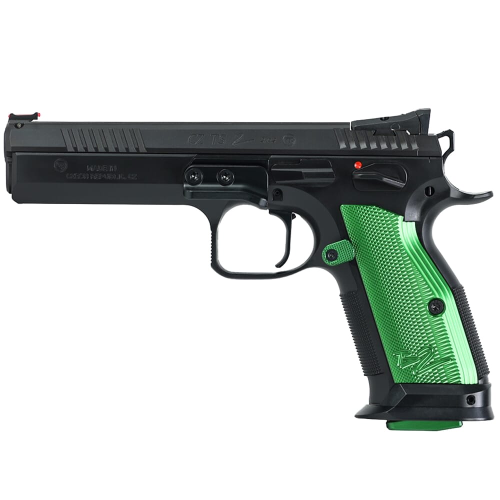 CZ-USA TS 2 Racing Green 9mm 20rd Blk Handgun w/Polycoat Steel, FO Front/Height Adj Only Rear, Green Alum Grips, Thumb Rest 91224