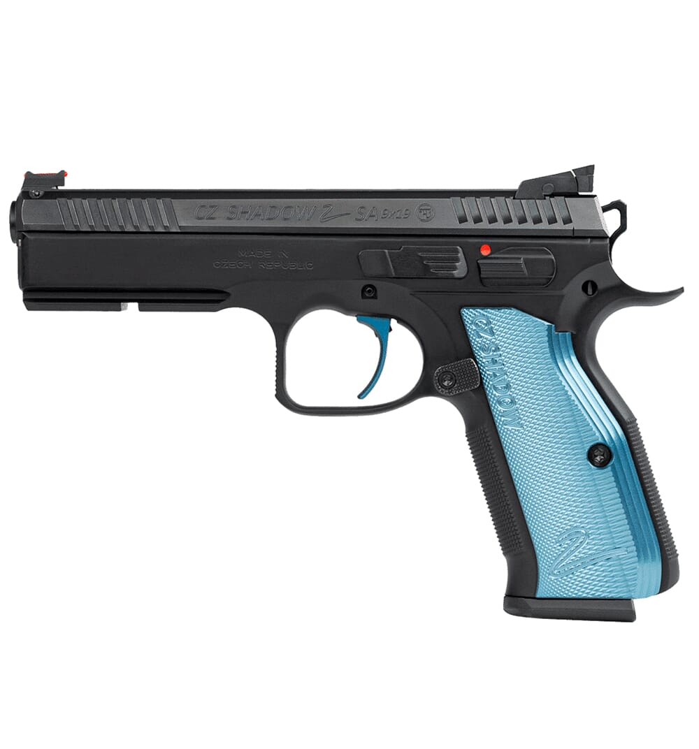 CZ-USA Shadow 2 SA 9mm 17rd Blk Handgun w/Polycoat Steel, FO Front/Blk Serrated Hajo Rear, Blue Single Action Only Trigger, Blue Alum Grips 91245