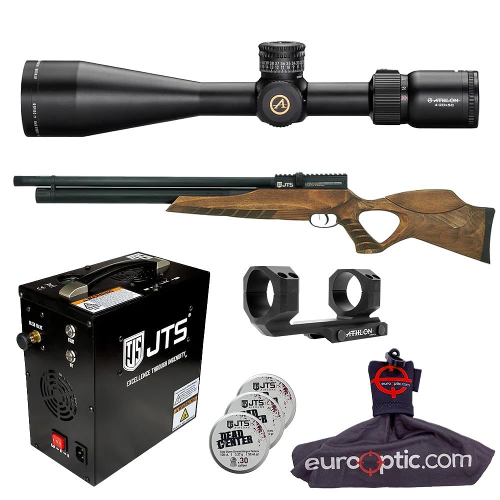 JTS Airacuda Max Big Bore .30 Cal Wood PCP Air Rifle with Athlon Heras SPR 4-20x50mm 1" SFP MOA Riflescope & Rings, 3.25g Pellets, Cleaning Kit, AutoS - Main Image