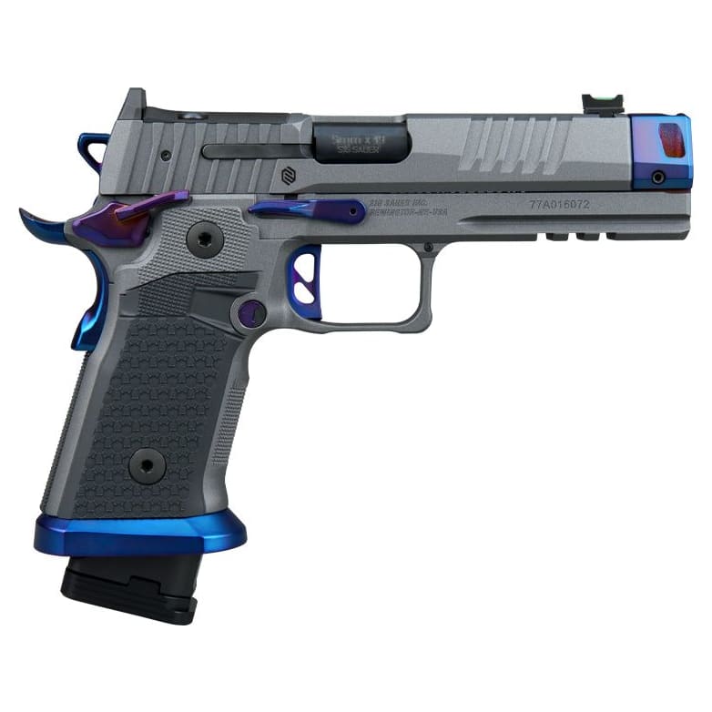 Sig Sauer P211 Nightshift 9mm 4.4" Bbl Steel-Frame Platinum & Blue SAO Handgun w/ Compensator, Fiber Optic Sight, 1x23rd & 2x21rd Mags 211F-9-GTO-BLUE - Main Image