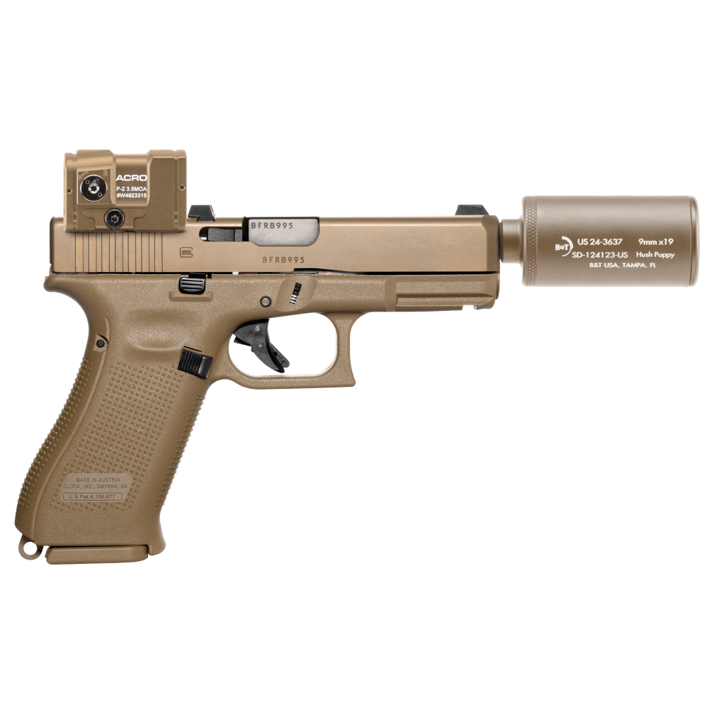 B&T Glock 19X 9mm Pistol w/ Hush Puppy Suppressor, Aimpoint Acro P2 & Hardcase FDE BT-HUSH-PUPPY-KIT-FDE