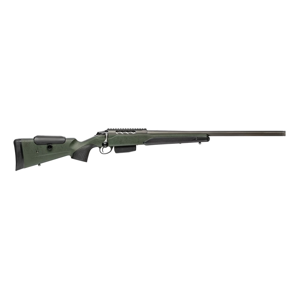 Tikka T3X Super Varmint Cerakote Tungsten 7MM PRC NS 23.7 BBL 1:1/8 5/8x24 TPI RH 2-stage 5RD Synth ADJ CHK / Green Roughtech JRTXRSV37124