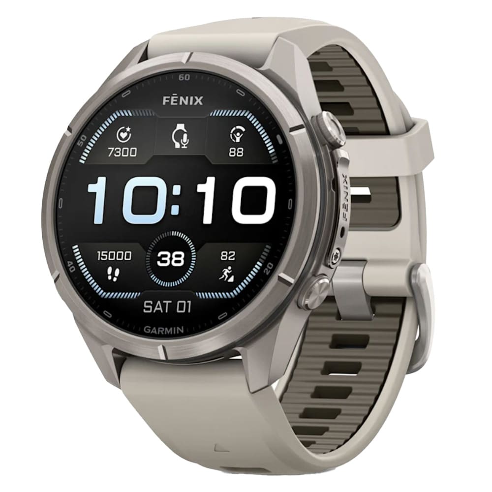 Garmin Fenix 9 Pro 43mm Titanium Smartwatch w/ Built-In Flashlight, AMOLED Display, Fog Gray-Dark Sandstone Silicone Band 010-04335-85 - Main Image