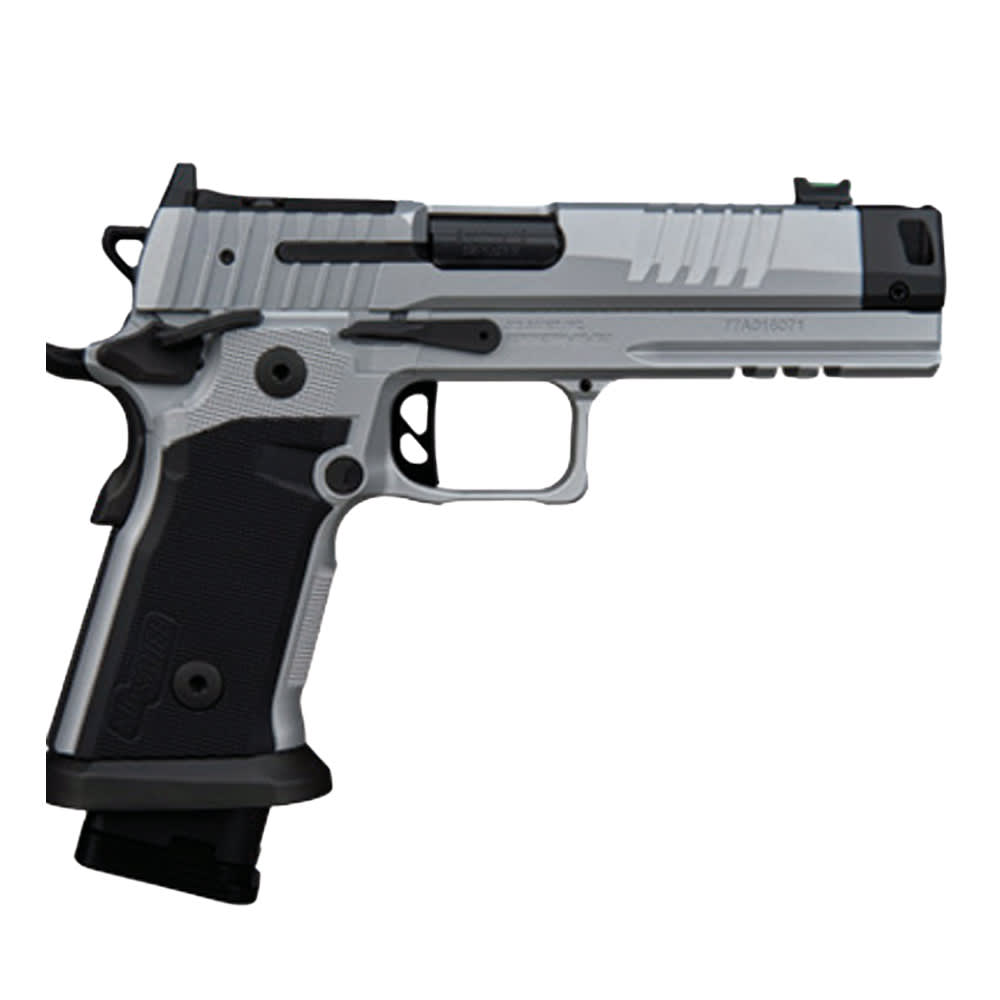 Sig Sauer P211 Quicksilver 9mm 4.4" Bbl Compensator SAO Fiber Optic SIG-LOC PRO BLK/SLV Pistol w/(1) 23rd, (2) 21rd Mags, & Magwell 211F-9-GTO-SILVER - Main Image