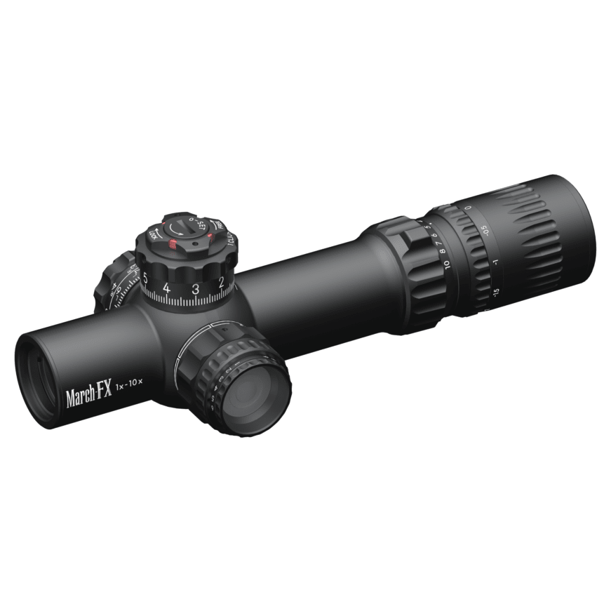 March Compact Tactical Shorty Gen II 1-10x24mm FFP FMC-3 Reticle 0.1MIL 6Level Illum Riflescope w/Shuriken Dial Lock D10SV24FIMLX-FMC-3