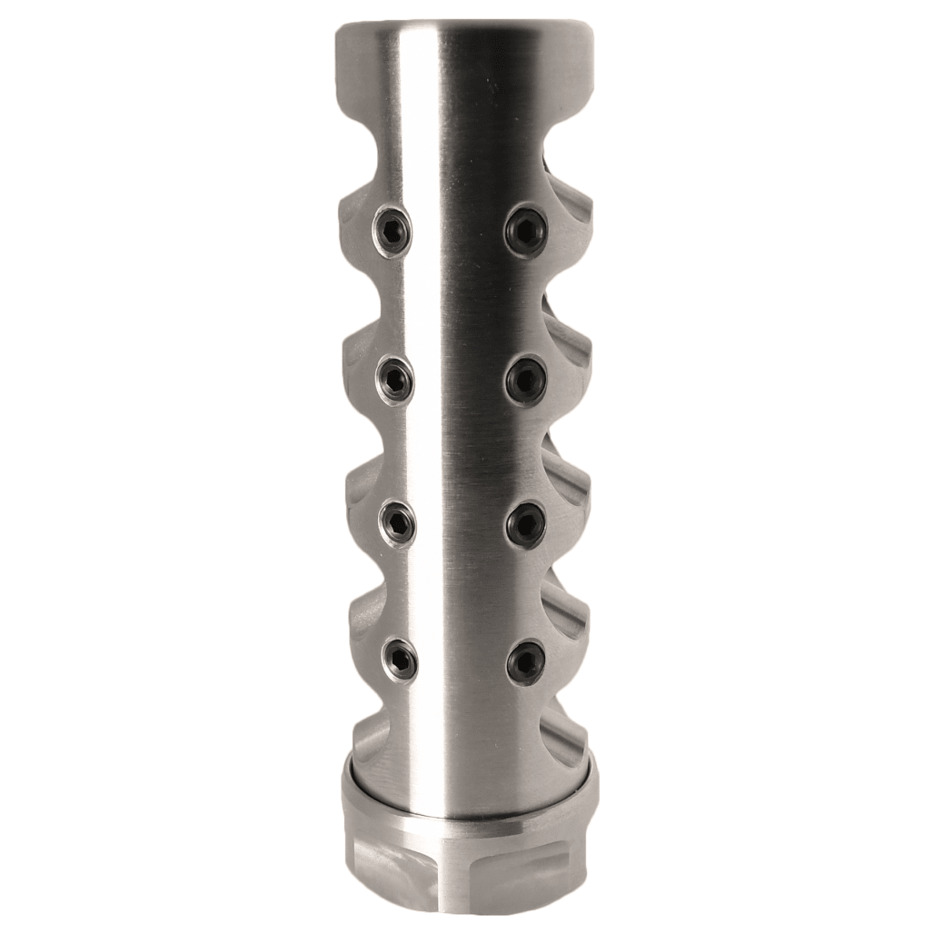 American Precision Arms Fat Maxx 4.3" Long 1.225" Diameter 11 oz 3/4x24 / .375 / Stainless Self-Timing Muzzle Brake FMX3437S - Main Image