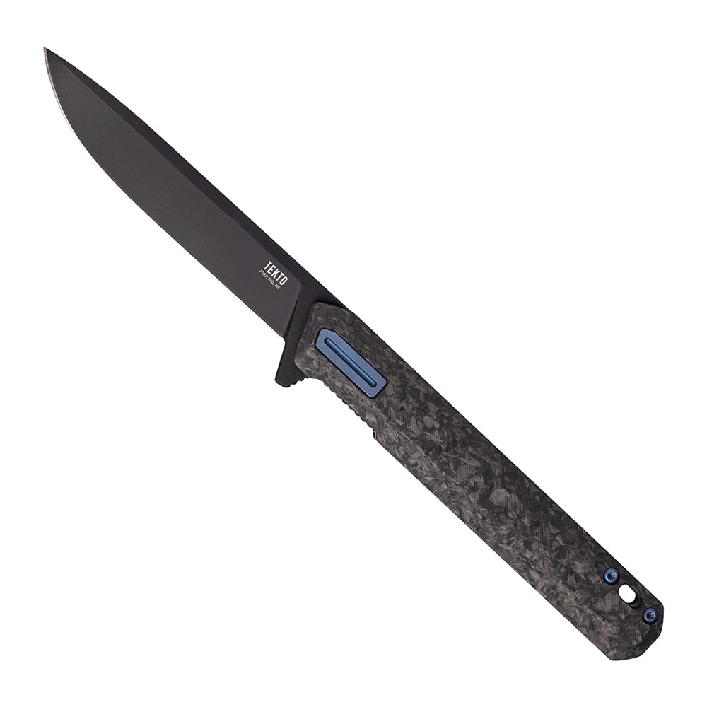 Tekto F2 Bravo Black D2 Blade Forged Carbon Handle Blue Titanium Accents Fine Edge Folding Knife F2R-CCBK-D2BK1-A2 - Main Image