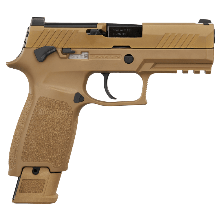 Sig Sauer M18 MA Compliant 9mm Luger 3.9" Bbl Striker Siglite Rail Manual Safety Modular Polymer Grip Coyote Pistol w/(3) 10rd Mags M18-9-CSS-MS-MA - Main Image