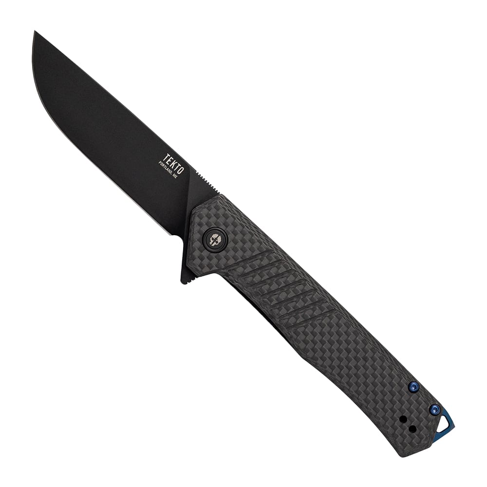 Tekto F1 Alpha Black D2 Blade Carbon Fiber Handle Blue Accents Fine Edge Folding Knife F1R-CFBK-D2BK1-A2 - Main Image