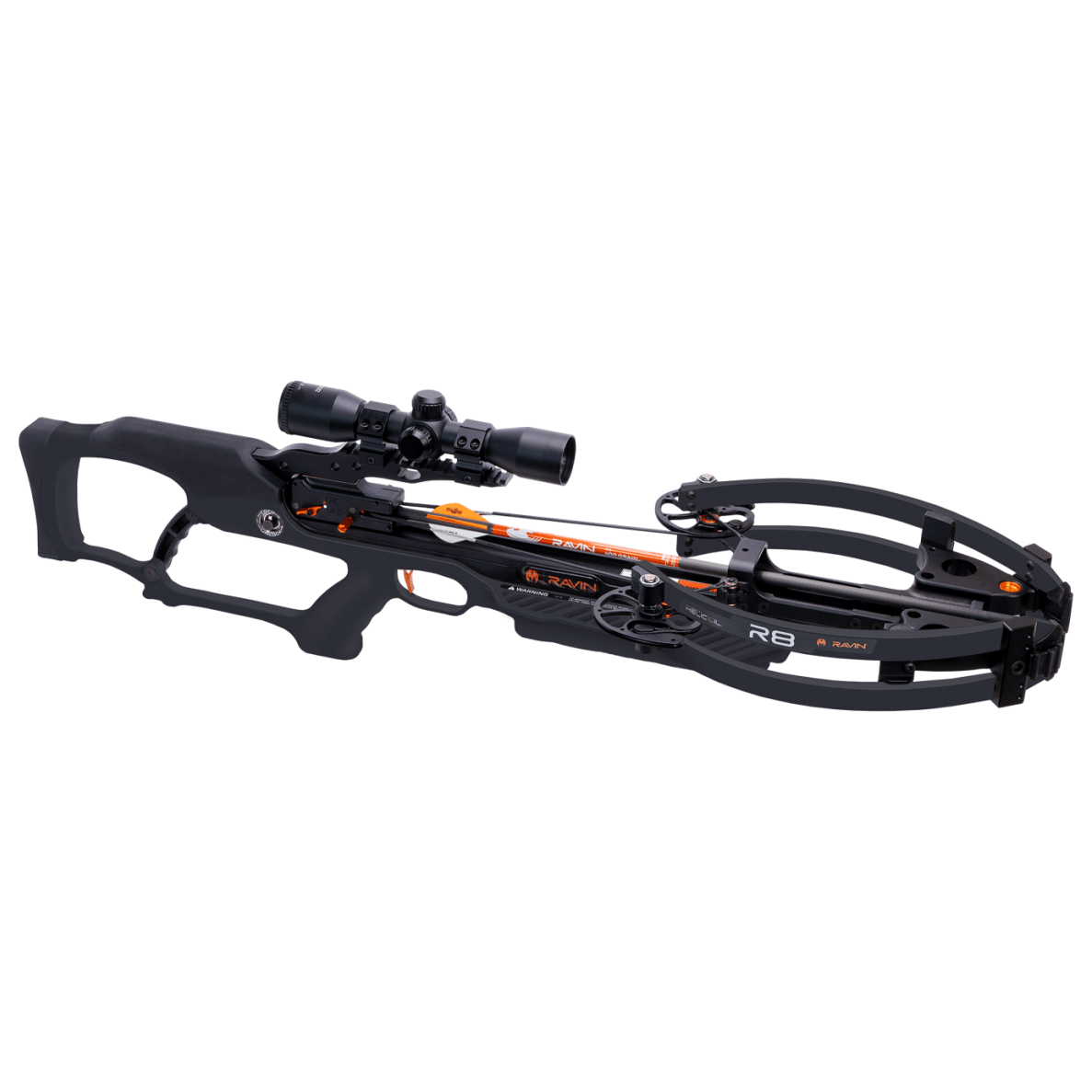 Ravin R8 420 FPS Versa-Draw Silent Cocking Trac-Trigger Helicoil Black Crossbow w/100-yard Scope & .003 Arrows R007 - Main Image