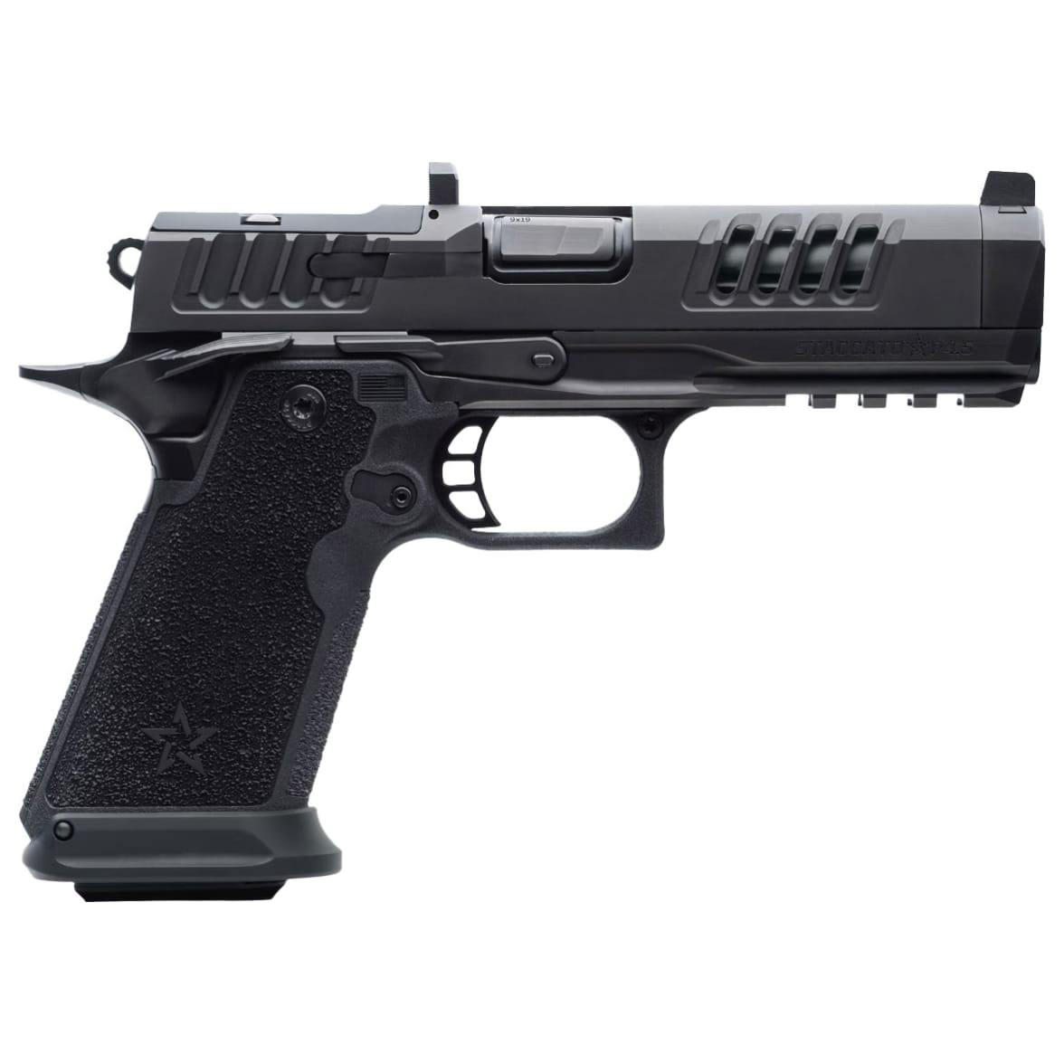 Staccato Premium HD P4.5 9mm DLC Barrel Trijicon Night Sight DLC/DLC Finish 4x Mags w/X-Series Serrations (Magwell) 20-2300-000106-01