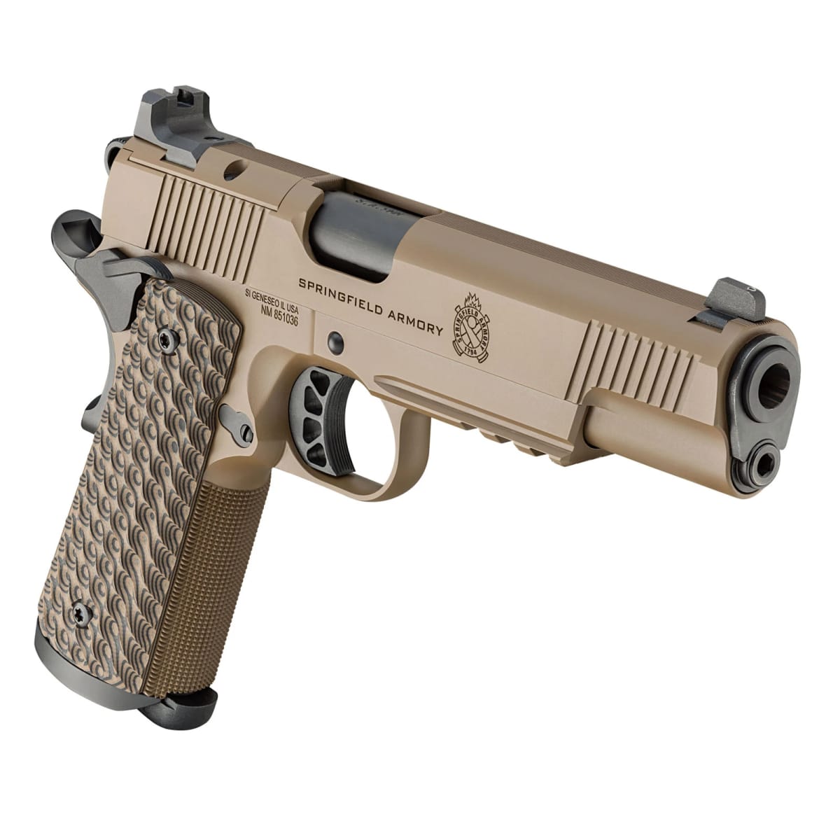 Springfield Armory 1911 Tactical Response 9mm 5" Bbl Coyote Brown Handgun w/ AOS Plate, U-Notch Tritium Sights, Light Rail, 3x9rd Mags PC9129LRCBAOS - Main Image