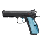 CZ-USA Shadow 2 SA 9mm 17rd Blk Handgun w/Polycoat Steel, FO Front/Blk Serrated Hajo Rear, Blue Single Action Only Trigger, Blue Alum Grips 91245