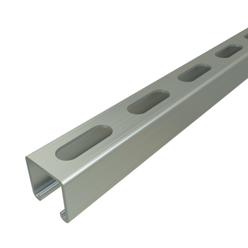 Metal channel with evenly spaced oblong slots, angled view on white ...
