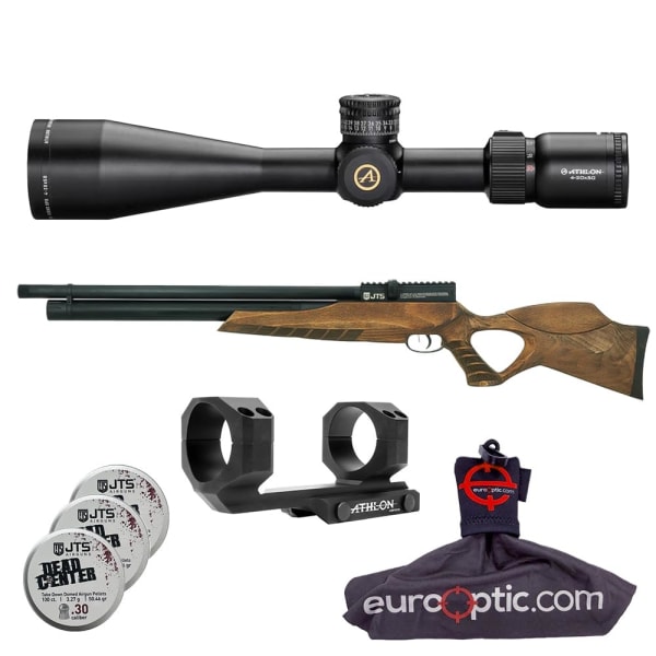 JTS Airacuda Max Big Bore .30 Cal Wood PCP Air Rifle with Athlon Heras SPR 4-20x50mm 1" SFP MOA Riflescope &amp; Rings, 3.25g Pellets, Spudz Cleaning Kit