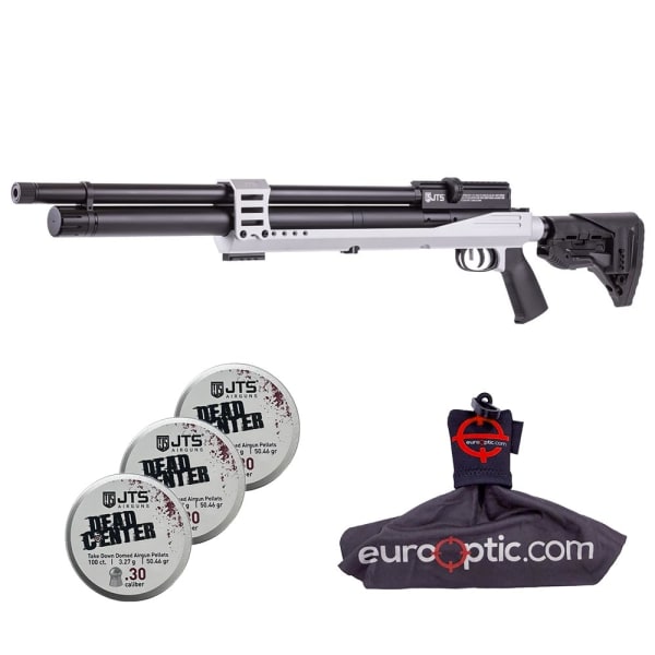 JTS Airacuda PRS MAX PCP .30 Cal 21.1" Bbl Pic Rails Silver Air Rifle w/ Dead Center 3.25g Pellets &amp; Spudz Cleaning Wipe Bundle JAGPRSM30S-KIT-134