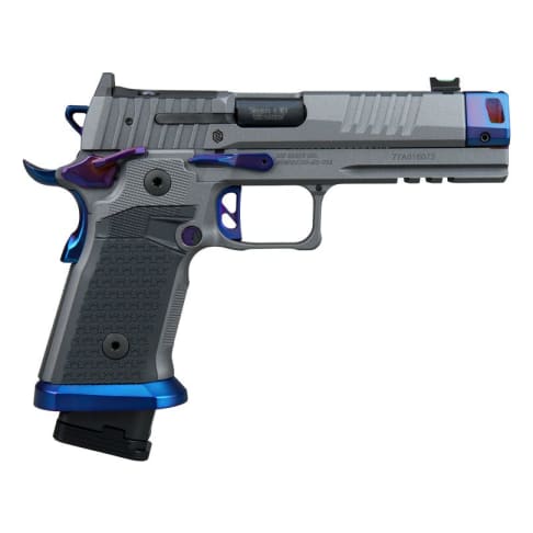 Sig Sauer P211 Nightshift 9mm 4.4" Bbl Steel-Frame Platinum &amp; Blue SAO Handgun w/ Compensator, Fiber Optic Sight, 1x23rd &amp; 2x21rd Mags 211F-9-GTO-BLUE