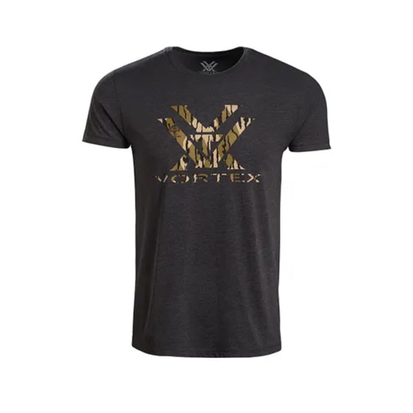 Vortex Optics Mossy Oak Bottomland Camo Core Logo SS T-Shirt Charcoal Heather Men's Size 126-33-CHH
