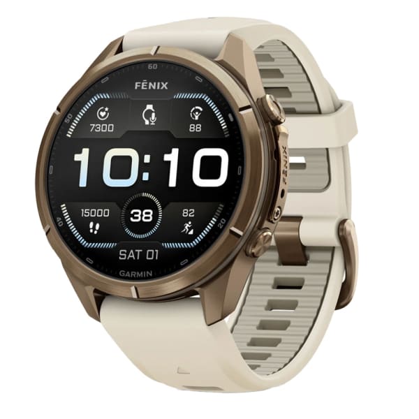 Garmin Fenix 9 Pro 43mm Autumn Gold Titanium Smartwatch w/ Built-In Flashlight, AMOLED Display, Cream-French Gray Silicone Band 010-04335-25