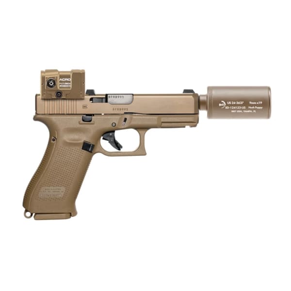 B&amp;T Glock 19X 9x19mm 4" Bbl Aimpoint ACRO P-2 Red Dot Hush Puppy Suppressor Tan Kit No Ammo Hush Puppy Kit BT-HUSH-PUPPY-FDE-CT-CSTM