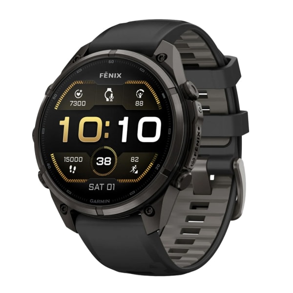 Garmin Fenix 9 Pro 47mm Carbon Gray DLC Titanium Smartwatch w/ Built-In Flashlight, AMOLED Display, Black-Pebble Gray Silicone Band 010-04336-15
