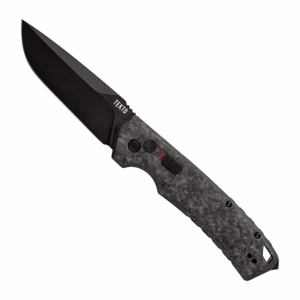 Tekto A3 Delta Black D2 Drop Point Blade Forged Carbon Handle Black Accents Fine Edge Automatic Knife A3R-CCBK-D2BK1-A1