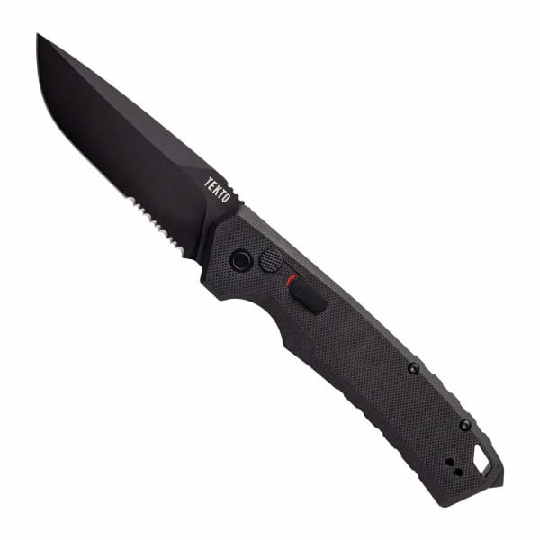Tekto A3 Delta Black D2 Drop Point Blade Black G10 Handle Black Accents Serrated Automatic Knife A3R-G1BK-D2BK1S-A1