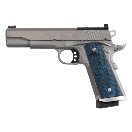 Colt 1911 Gold Cup Trophy 9mm 5" Bbl Black Serrated Sights OR Ext Mag Well 9+1 Cap G10 Blue Scalloped &amp; Checkered Grip SS Pistol O5072XE-OR