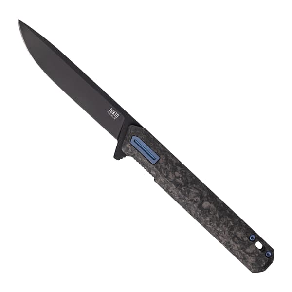 Tekto F2 Bravo Black D2 Blade Forged Carbon Handle Blue Titanium Accents Fine Edge Folding Knife F2R-CCBK-D2BK1-A2