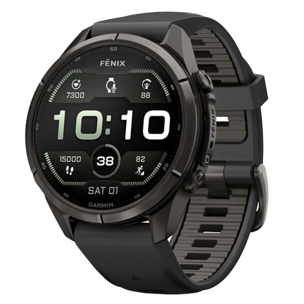 Garmin Fenix 9 Pro 43mm Carbon Gray DLC Titanium Smartwatch w/ Built-In Flashlight, AMOLED Display, Black-Pebble Gray Silicone Band 010-04335-15