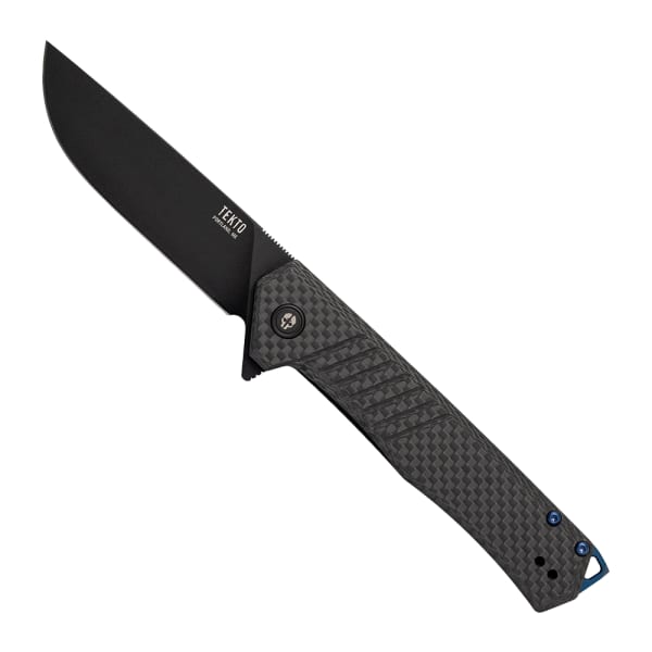 Tekto F1 Alpha Black D2 Blade Carbon Fiber Handle Blue Accents Fine Edge Folding Knife F1R-CFBK-D2BK1-A2