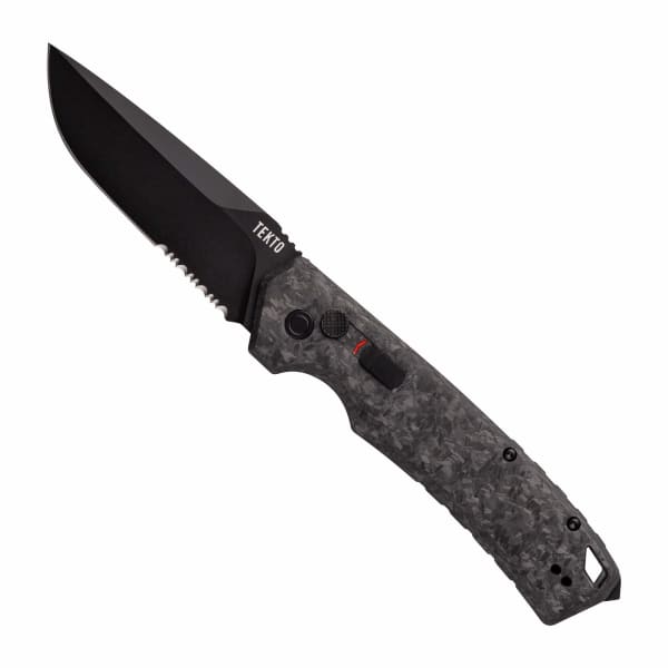 Tekto A3 Delta Black D2 Drop Point Blade Forged Carbon Handle Black Accents Serrated Automatic Knife A3R-CCBK-D2BK1S-A1