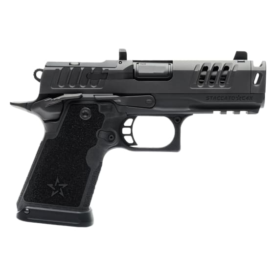 Staccato Premium C4X 9x19mm 4" DLC Comp Bbl Trijicon Tritium Night Sight X-Series Serrations Magwell 15+1 Pistol w/(4) 15 Steel Mags 20-2701-000107-01