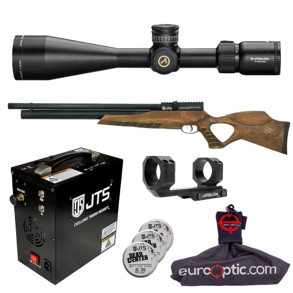 JTS Airacuda Max Big Bore .30 Cal Wood PCP Air Rifle with Athlon Heras SPR 4-20x50mm 1" SFP MOA Riflescope &amp; Rings, 3.25g Pellets, Cleaning Kit, AutoS